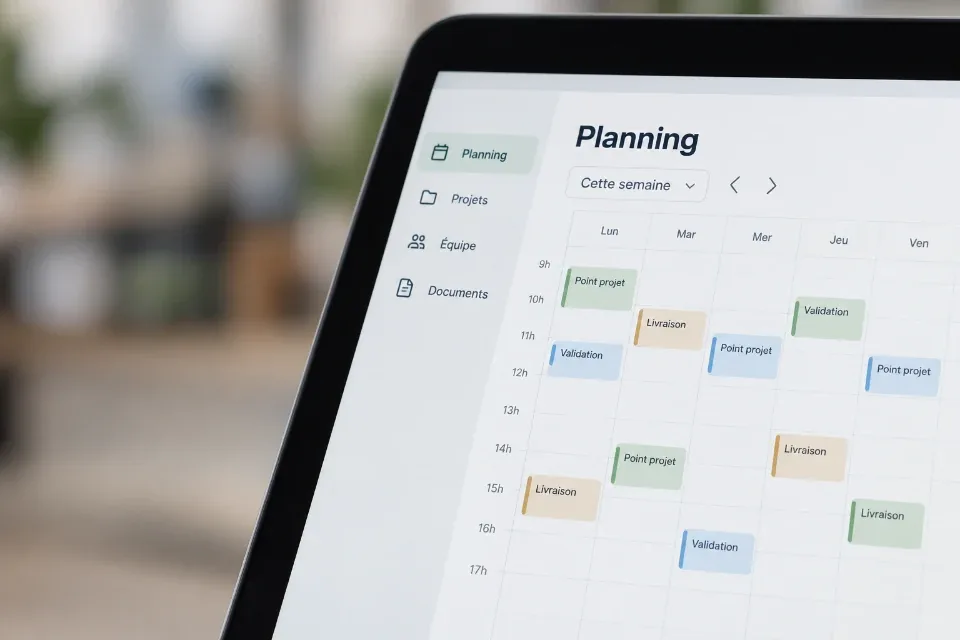 Exemple illustratif d’application de planning hebdomadaire sur un écran d’ordinateur.