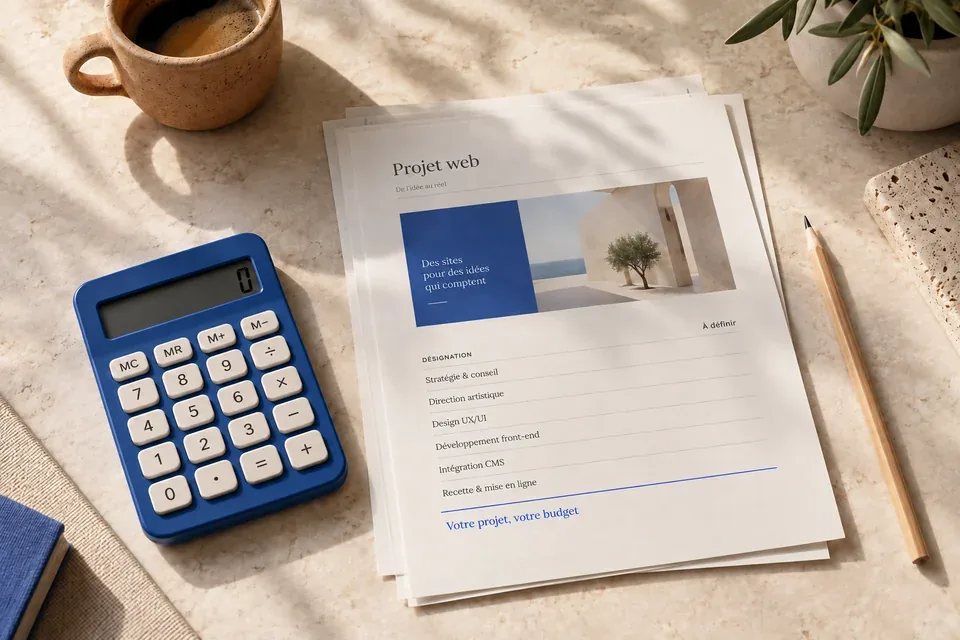 Calculatrice bleue et document de préparation du budget d’un projet web.