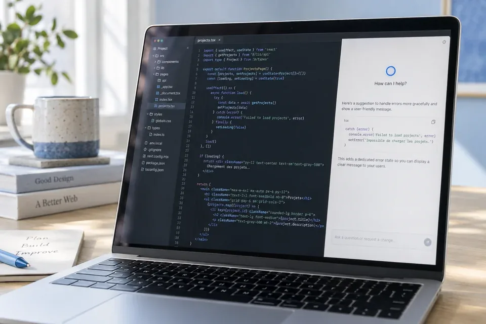 Illustration d’un éditeur de code accompagné d’un assistant IA sur un ordinateur.