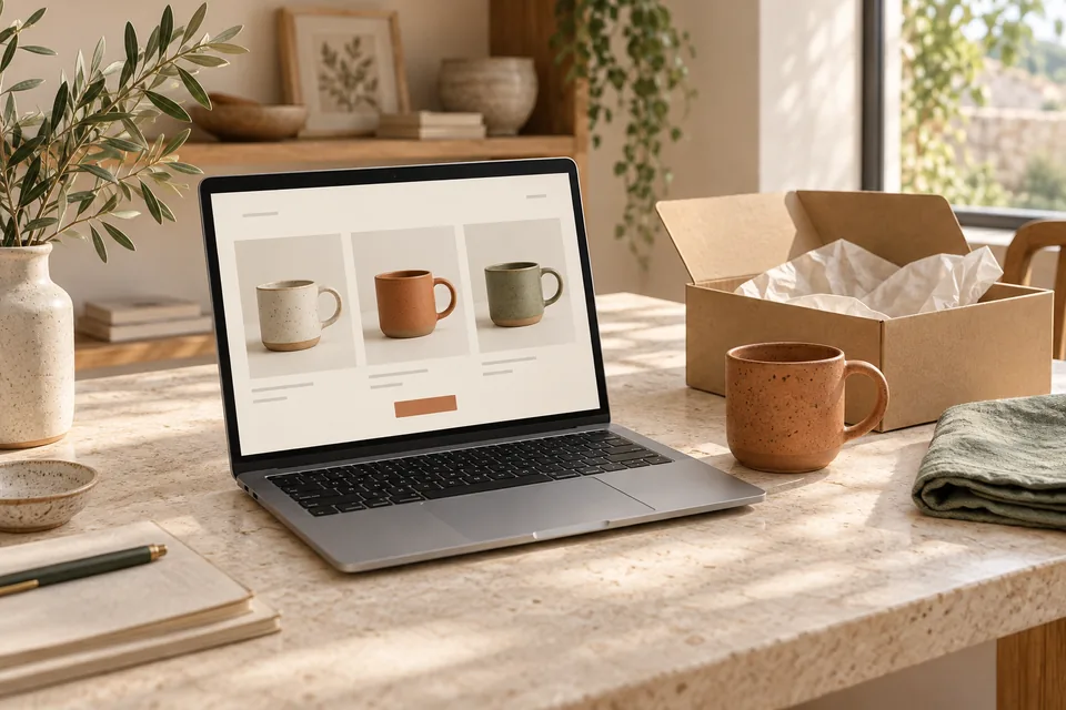 Boutique de céramique illustrative sur un ordinateur, avec une tasse et un colis à préparer.