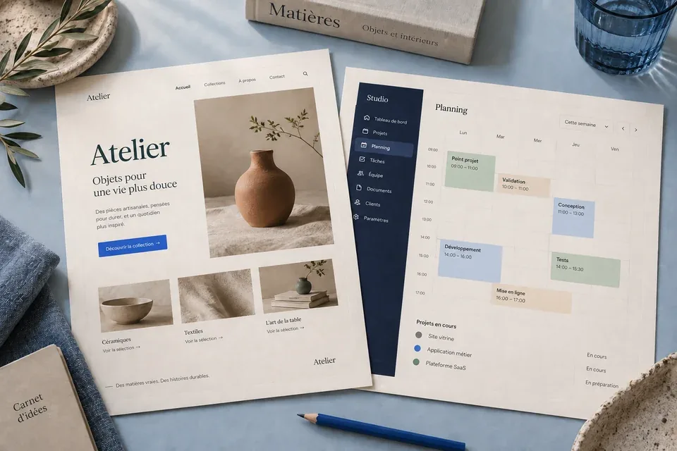 Deux maquettes illustratives : un site vitrine et une application de planning.