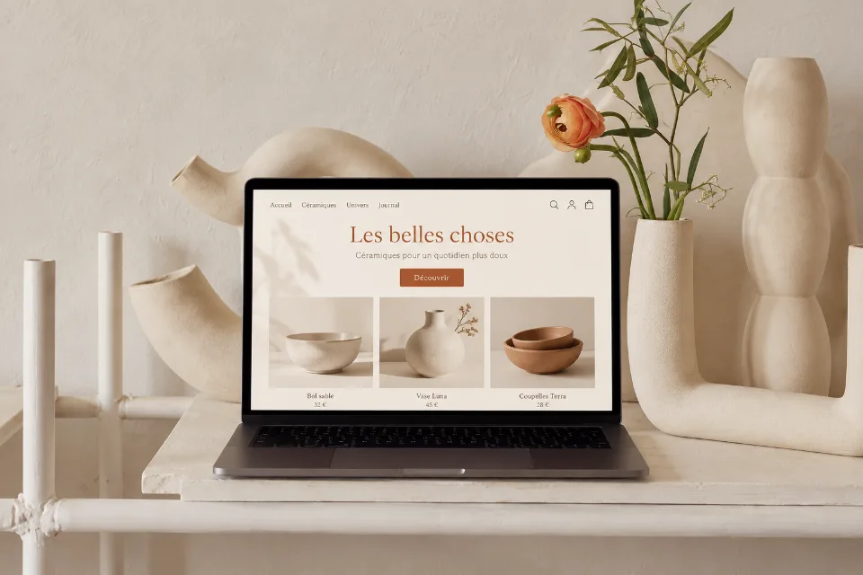 Exemple illustratif de boutique de céramiques sur un ordinateur, entouré de vases aux tons naturels.