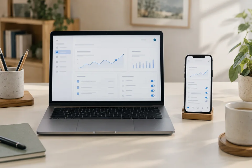 Visuel illustratif d’une plateforme en ligne accessible sur un ordinateur et un téléphone, sur un bureau en bois clair.