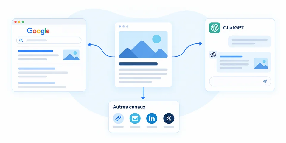 Un même contenu de site relié à une recherche Google, une conversation ChatGPT et d’autres canaux de découverte.