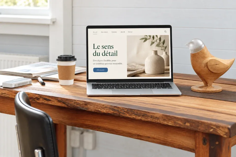 Exemple illustratif de site vitrine sur un ordinateur posé sur un bureau en bois.